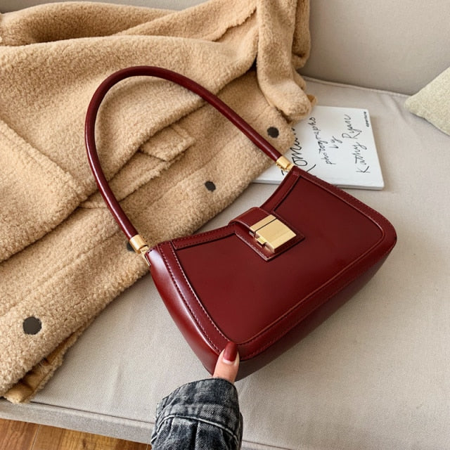 Solid Color PU Leather Shoulder Bags For Women 2021 Lock Handbags Small Travel Hand Bag Lady Fashion Bags